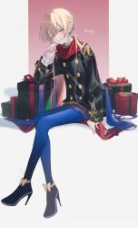 Rule 34 | 1boy, aqua eyes, black jacket, blonde hair, blue hair, blue pantyhose, box, christmas, fate/grand order, fate (series), full body, gift, gift box, gradient hair, grin, hair between eyes, high heels, highres, invisible chair, jacket, long hair, long sleeves, looking at viewer, low twintails, male focus, multicolored hair, nemo (fate), pantyhose, red scarf, scarf, sherry 0014, simple background, sitting, sleeves past wrists, smile, solo, trap, twintails, twitter username, very long hair