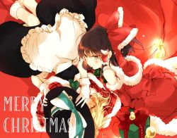 Rule 34 | 2girls, adapted costume, apron, bare shoulders, blonde hair, blush, boots, bow, brown eyes, brown hair, capelet, detached sleeves, dress, fur trim, gift, gloves, hair ribbon, hair tubes, hakurei reimu, hat, hat bow, hat ribbon, implied yuri, kirisame marisa, looking at viewer, merry christmas, multiple girls, plaid capelet, poprication, ribbon, santa boots, seductive smile, smile, touhou, waist apron, white gloves, witch hat, yellow eyes