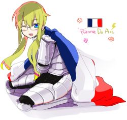 Rule 34 | 1boy, armor, bad id, bad pixiv id, blonde hair, blue eyes, character name, flag, french flag, fusion, glasses, inazuma eleven, inazuma eleven (series), inazuma eleven go, inazuma eleven go chrono stone, jeanne d&#039;arc (inazuma eleven), kirino ranmaru, kirino ranmaru (mixi max jeanne d&#039;arc), lightning bolt symbol, male focus, one eye closed, open mouth, smile, solo, suemitsu dicca, trap, twintails, white background, wink