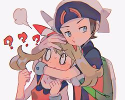 Rule 34 | 0 0, 1boy, 1girl, :t, ?, ??, beanie, blush, bow hairband, bracelet, brendan (pokemon), brown hair, clenched hands, closed mouth, commentary, creatures (company), eyelashes, game freak, green bag, grey eyes, hairband, hands up, hat, hinann bot, hug, hug from behind, jewelry, long hair, may (pokemon), nintendo, pokemon, pokemon oras, red hairband, shirt, short sleeves, simple background, sleeveless, sleeveless shirt, sweat, white background