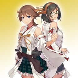 Rule 34 | 10s, 2girls, arms at sides, bare shoulders, black hair, black skirt, blue eyes, clenched hand, detached sleeves, flipped hair, green-framed eyewear, green skirt, hair ornament, hairband, hiei (kancolle), japanese clothes, kantai collection, kirishima (kancolle), konishi (koconatu), light brown hair, looking at viewer, miniskirt, multiple girls, nontraditional miko, official art, parted lips, plaid, plaid skirt, pleated skirt, short hair, skirt, smile, wide sleeves, yellow background