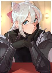 Rule 34 | 1boy, androgynous, arm guards, armor, asagi (banzoku210), blue eyes, blue hair, bow, cheek rest, closed mouth, fire emblem, fire emblem engage, gloves, hair between eyes, hair bow, hair horns, highres, indoors, long hair, looking at viewer, male focus, multicolored hair, nintendo, pink bow, pink hair, rosado (fire emblem), signature, smile, solo, twitter username, upper body, white hair