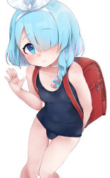 Rule 34 | 1girl, absurdres, arm behind back, arm up, arona (blue archive), backpack, bag, blue archive, blue eyes, blue hair, blue one-piece swimsuit, blush, bow, braid, breasts, hair bow, hair over one eye, highres, looking at viewer, okura-chan (at nya5), one-piece swimsuit, randoseru, ribbon, school swimsuit, short hair, small breasts, solo, swimsuit, thigh gap, thighs, waving
