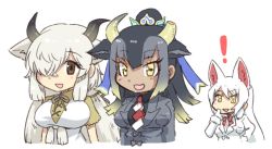 Rule 34 | !, 3girls, :d, animal ears, arms at sides, black hair, black shirt, blonde hair, breast pocket, breasts, broken horn, brown eyes, chibi, cow ears, cow girl, cow horns, crown, fox ears, fox girl, goshingyu-sama (kemono friends), grey hair, grey jacket, hair over one eye, hand on own hip, hand on own chin, horns, idea, jacket, kemono friends, kemono friends 3, long hair, long sleeves, looking at another, multicolored hair, multiple girls, neck ribbon, necktie, oinari-sama (kemono friends), open mouth, ox ears, ox girl, ox horns, parted bangs, pocket, ribbon, sakuragi rian, shirt, short sleeves, side-by-side, sidelocks, simple background, smile, stroking own chin, upper body, v-shaped eyebrows, very long hair, white background, white hair, yak (kemono friends), yellow eyes, yellow shirt