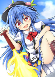 Rule 34 | 1girl, black headwear, blue hair, blue skirt, boots, bow, brown footwear, buttons, cloud, collarbone, food, frilled skirt, frills, fruit, hair between eyes, hinanawi tenshi, holding, holding weapon, keyaki chimaki, keystone, leaf, long hair, looking at viewer, open mouth, outdoors, peach, puffy short sleeves, puffy sleeves, rainbow order, red bow, red eyes, shirt, short sleeves, sitting, skirt, sky, smile, sword of hisou, touhou, v-shaped eyebrows, weapon, white frills, white shirt, white sleeves