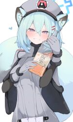 Rule 34 | 1girl, animal ears, blue archive, blue halo, blush, bottle, breasts, capelet, cowboy shot, fur hat, gloves, green hair, grey capelet, grey gloves, grin, halo, hat, highres, holding, holding bottle, large breasts, long sleeves, looking at viewer, medium hair, mikozin, purple eyes, shigure (blue archive), simple background, smile, solo, tail, ushanka, weasel ears, weasel tail, white background