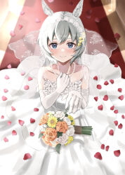 Rule 34 | 1girl, animal ears, bare shoulders, bead bracelet, beads, blue eyes, blush, bouquet, bracelet, breasts, bridal veil, closed mouth, collarbone, commentary request, dress, ear covers, elbow gloves, flower, gloves, grey hair, hair between eyes, hand on own chest, highres, horse ears, horse girl, jewelry, long dress, looking at viewer, petals, rose, rose petals, seiun sky (umamusume), small-wso6-bell, small breasts, smile, solo, umamusume, veil, wedding dress, white dress