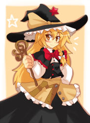 Rule 34 | 1girl, blonde hair, braid, capelet, female focus, harukatron, hat, kirisame marisa, orange eyes, side braid, solo, star (symbol), touhou, undefined fantastic object, wand, witch, witch hat, yellow eyes