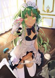 Rule 34 | 1girl, :p, apron, bow, cellphone, clothes lift, dress, flat chest, gloves, green eyes, green hair, hair ornament, harunoibuki, kneeling, long hair, maid, maid apron, maid headdress, original, panties, panty pull, phone, selfie, skirt, skirt lift, smartphone, thighhighs, tongue, tongue out, underwear, white gloves, white thighhighs