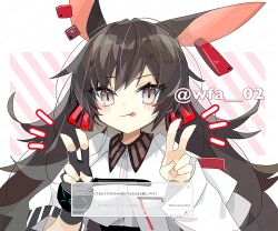 Rule 34 | 1girl, :p, animal ears, april (arknights), arknights, artist name, black hair, bracelet, closed mouth, commentary request, double v, ear tag, fingerless gloves, gloves, grey eyes, infection monitor (arknights), itsuki 02, jewelry, long hair, long sleeves, looking at viewer, rabbit ears, rabbit girl, shirt, single glove, solo, tongue, tongue out, twitter username, upper body, v, white shirt