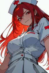 Rule 34 | 1girl, alternate costume, bare arms, breasts, chinese commentary, commentary, cross, dress, from below, hair between eyes, hat, highres, looking at viewer, looking down, medium breasts, nurse, nurse cap, punishing: gray raven, red cross, red eyes, red hair, short sleeves, simple background, smile, solo, upper body, vera (punishing: gray raven), wanlai bu shiman, white background, white dress, white hat