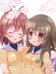 Rule 34 | 2girls, :&lt;, ^ ^, antenna hair, asymmetrical docking, blunt ends, blurry, bow, breast press, breasts, brown eyes, brown hair, cherry blossoms, clannad, closed eyes, commentary request, covered erect nipples, day, depth of field, eyes visible through hair, facing viewer, falling petals, furukawa nagisa, hair between eyes, hair bow, hair ornament, hairclip, haruchimo, highres, hikarizaka private high school uniform, ibuki fuuko, jacket, long hair, long sleeves, looking at viewer, medium breasts, medium hair, multiple girls, open mouth, outdoors, paid reward available, petals, purple bow, sailor collar, school uniform, serafuku, side-by-side, sidelocks, simple background, small breasts, smile, upper body, v, white background, white sailor collar, yellow jacket