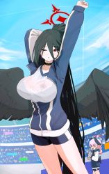 Rule 34 | 2girls, absurdres, arms up, black hair, black wings, blue archive, blue sky, blurry, bonefire0909, bottle, choker, cloud, cloudy sky, commentary request, depth of field, feathered wings, gym shorts, gym uniform, hair between eyes, halo, hasumi (blue archive), hasumi (track) (blue archive), head wings, highres, holding, holding bottle, jacket, koharu (blue archive), long hair, long sleeves, looking at viewer, multiple girls, official alternate costume, parted lips, pink hair, plastic bottle, ponytail, red eyes, see-through, see-through shirt, short shorts, shorts, sidelocks, sky, solo focus, stadium, stretching, sweat, track jacket, twintails, wings