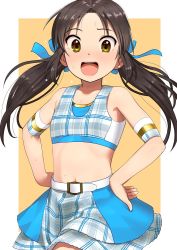 10s 1girl armband bad_id bad_twitter_id black_hair blush bow brown_eyes crop_top female_focus flat_chest hair_bow hands_on_own_hips idolmaster idolmaster_cinderella_girls inactive_account long_hair navel open_mouth pettan_p skirt smile solo tachibana_arisu twintails