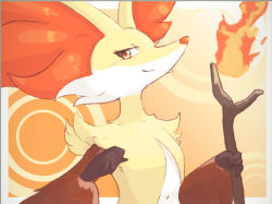Rule 34 | aberu (ycrr3542), animal ear fluff, border, brown eyes, closed mouth, commentary request, creatures (company), delphox, fire, furry, game freak, gen 6 pokemon, hands up, holding, holding stick, looking at viewer, nintendo, no humans, pokemon, pokemon (creature), smile, solo, stick, white border, yellow fur