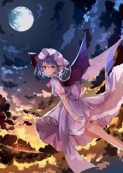 Rule 34 | 1girl, ascot, bat wings, blue bow, bow, closed mouth, cloud, dress, full moon, gradient sky, hair bow, hair ribbon, hat, looking at viewer, mob cap, moon, night, outdoors, petticoat, pink dress, pink hat, pointy ears, red ascot, red eyes, red ribbon, remilia scarlet, ribbon, sakizaki saki-p, short sleeves, sky, solo, touhou, wings