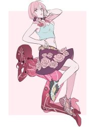 Rule 34 | 1girl, 1other, border, finger to mouth, flower, hand on own hip, hirose yasuho, jojo no kimyou na bouken, jojolion, map print, navel, paisley park (stand), parted lips, pink background, pink eyes, pink hair, quad tails, reammara, rose, shoes, sneakers, stand (jojo), tank top