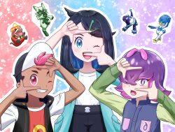 1boy 2girls ;d antenna_hair black_hair black_hat black_vest blue_eyes bright_pupils colored_inner_hair commentary_request cowlick creatures_(company) crocalor dot_(pokemon) eyelashes finger_frame floragato game_freak hair_ornament hairclip hat liko_(pokemon) multicolored_hair multiple_girls nintendo one_eye_closed open_clothes open_mouth open_vest pokemon pokemon_(anime) pokemon_(creature) pokemon_horizons purple_eyes purple_hair quaxwell roy_(pokemon) shirt short_hair short_sleeves smile swept_bangs t-shirt tafin_(hdea2345) teeth terapagos tongue two-tone_hair upper_teeth_only vest white_pupils