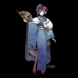 Rule 34 | alternate costume, black background, black footwear, black hair, black pantyhose, blue eyes, blue hair, blue kimono, commentary, empikuro, english commentary, furisode, hair intakes, hand fan, highres, holding, holding fan, hololive, hololive english, japanese clothes, kimono, looking at viewer, obi, open hand, ouro kronii, pantyhose, pocket watch, sash, smile, solo, virtual youtuber, watch