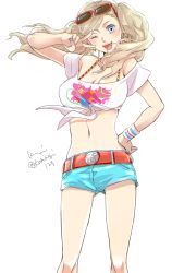 Rule 34 | 1girl, belt, blonde hair, blue eyes, breasts, cleavage, commentary request, cowboy shot, crop top, denim, denim shorts, earrings, eyewear on head, floating hair, hand on own hip, heart, heart earrings, highres, jewelry, komugi (mugiwaraclub), large breasts, legs, midriff, nail polish, navel, one eye closed, open mouth, persona, persona 5, persona 5 scramble: the phantom strikers, shirt, short shorts, shorts, simple background, smile, solo, sunglasses, takamaki anne, teeth, thighs, tied shirt, twintails, upper teeth only, white background