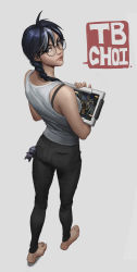 Rule 34 | 1girl, absurdres, barefoot, black eyes, black hair, bra strap, braid, braided ponytail, breasts, charm (object), dokkaebi (rainbow six siege), from behind, full body, glasses, hair over shoulder, highres, looking back, multicolored hair, rainbow six siege, small breasts, solo, streaked hair, tablet pc, tank top, tb choi12, two-tone hair, white hair, white tank top