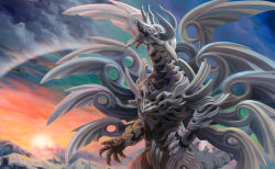 Rule 34 | absurdres, armor, bird, cloud, commentary request, dragon, fangs, highres, horns, mountain, multiple wings, no humans, original, roaring, sky, snow, solo, standing, sunset, utsubushi022, white theme, wings