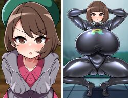 Rule 34 | 1girl, asymmetrical bangs, before and after, black bodysuit, blush, bodysuit, breast expansion, breasts, brown eyes, brown hair, creatures (company), detritus, dot nose, eyelashes, female focus, game freak, gloria (pokemon), hat, highres, huge breasts, hypnosis, looking at viewer, matching hair/eyes, medium breasts, mind control, nintendo, open mouth, pokemon, pokemon swsh, short hair, skin tight, solo, spread legs, team rainbow rocket