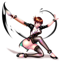 Rule 34 | 1girl, alternate costume, black thighhighs, blush, brown eyes, brown hair, chai xianghua, china dress, chinese clothes, dress, earrings, fighting stance, hair up, jewelry, lipstick, looking at viewer, makeup, nail polish, paintbrush, panties, pantyshot, red eyes, smile, solo, soul calibur, soulcalibur, soulcalibur ii, thighhighs, underwear, white panties
