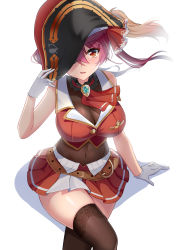 Rule 34 | 1girl, ascot, bare arms, bare shoulders, belt, benchen06, black hat, bodysuit, breasts, brooch, brown thighhighs, cleavage, covered navel, crop top, eyepatch, gloves, gold trim, hand on headwear, hand up, hat, highres, hololive, houshou marine, jewelry, large breasts, long hair, looking at viewer, midriff, miniskirt, parted lips, pirate hat, pleated skirt, red eyes, red hair, red skirt, red vest, see-through, see-through cleavage, simple background, sitting, skirt, solo, thighhighs, thighs, twintails, vest, virtual youtuber, white background, white gloves, wing collar, zettai ryouiki