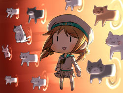 Rule 34 | 1girl, :3, ?, brown hair, rabbit, cat, clothes writing, crossover, error musume, fate (series), gate of babylon (fate), girl holding a cat (kancolle), hat, horoyuki (gumizoku), kantai collection, odd one out, parody, ribbon, school uniform, serafuku, short hair, shoshinsha mark, skirt, smile, too many, too many cats, twintails