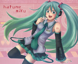 Rule 34 | 1girl, aqua eyes, aqua hair, arm tattoo, artist request, character name, detached sleeves, grey shirt, happy, hatsune miku, long hair, looking at viewer, necktie, non-web source, open mouth, shirt, skirt, sleeveless, sleeveless shirt, smile, source request, tattoo, twintails, very long hair, vocaloid