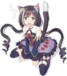 Rule 34 | 1girl, @ @, animal ear fluff, animal ears, bare shoulders, black hair, black thighhighs, cat ears, cat tail, commentary request, detached sleeves, drill hair, full body, garter straps, green eyes, highres, karyl (princess connect!), long hair, looking at viewer, low twintails, multicolored hair, nryk28, open mouth, princess connect!, simple background, sitting, solo, streaked hair, tail, thighhighs, translation request, twintails, wavy mouth, white background, white hair