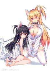 Rule 34 | 2girls, absurdres, animal ears, ass, bad id, bad pixiv id, barefoot, black hair, blonde hair, blush, breasts, brown eyes, camisole, cat ears, cat tail, chain, chain leash, chain, cleavage, clenched teeth, collar, covering privates, covering crotch, dress shirt, feet, full body, highres, kneeling, large breasts, leash, legs, long hair, looking back, maett, multiple girls, no bra, no pants, open clothes, open shirt, original, panties, ponytail, red eyes, shirt, simple background, sitting, soles, spread legs, tail, teeth, thighhighs, thighs, toes, unbuttoned, underwear, v arms, very long hair, white background, white camisole, white legwear, white panties, white shirt