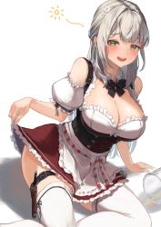 Rule 34 | 1girl, arm support, bow, bowtie, breasts, cleavage, clothes lift, detached sleeves, frills, german clothes, green eyes, highres, hololive, large breasts, lifting own clothes, maid, puffy sleeves, renaissance, roco (rocoroco1115), shirogane noel, shirogane noel (dirndl), silver hair, skirt, skirt lift, sweat, virtual youtuber