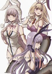 Rule 34 | 3girls, ahoge, akamatsu kaede, animal ears, animal hat, backpack, bag, bare shoulders, black gloves, blush, bow, bowtie, breasts, commentary, criis-chan, danganronpa: trigger happy havoc, danganronpa (series), danganronpa 2: goodbye despair, danganronpa v3: killing harmony, detached collar, fake animal ears, fake tail, fishnet legwear, fishnets, fortissimo, from side, galaga, gloves, grey background, hair ornament, hand up, hat, kirigiri kyoko, large breasts, leotard, long hair, looking at viewer, medium breasts, mole, mole on breast, multiple girls, musical note, musical note hair ornament, nanami chiaki, neck ribbon, necktie, official alternate costume, pantyhose, pink eyes, pink hair, pink ribbon, playboy bunny, profile, purple hair, rabbit ears, rabbit hat, rabbit tail, red necktie, ribbon, short necktie, simple background, smile, strapless, strapless leotard, symbol-only commentary, tail, thighhighs, two-tone leotard, wrist cuffs