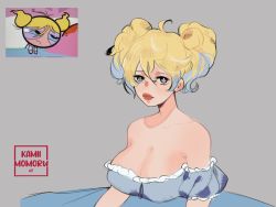 Rule 34 | 1girl, aged up, artist name, bare shoulders, blonde hair, blue shirt, breasts, bubbles (ppg), buttercup redraw challenge (meme), cleavage, derivative work, grey background, highres, kamii momoru, large breasts, meme, messy hair, off-shoulder shirt, off shoulder, pajamas, powerpuff girls, reference inset, screenshot inset, screenshot redraw, shadow, shirt, simple background, solo, twintails, upper body