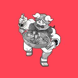 Rule 34 | 1boy, beard, cooking, deformed, dungeon meshi, dwarf, facial hair, fake horns, full body, greyscale with colored background, helmet, highres, horned helmet, horns, htoast art, incoming food, long beard, male focus, red background, senshi (dungeon meshi), solo, style request, thick mustache, very long beard, walking, wok
