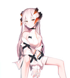Rule 34 | 1girl, absurdres, alternate costume, arknights, arms between legs, beudelb, breasts, dragon girl, dragon horns, earclip, feet out of frame, grey hair, highres, horns, jacket, long hair, long sleeves, medium breasts, off shoulder, open clothes, open jacket, orange eyes, saria (arknights), shirt, simple background, sitting, sleeveless, sleeveless shirt, solo, spread legs, very long hair, white background, white jacket, white shirt