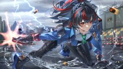 Rule 34 | 1girl, absurdres, black gloves, black hair, black pants, blue jacket, breasts, checkered necktie, city, closed mouth, eye trail, gloves, gun, highres, holding, holding gun, holding weapon, holster, jacket, kongzao, large breasts, light trail, looking ahead, metal hairband, motion blur, multicolored hair, necktie, outdoors, pants, police, police badge, police uniform, policewoman, ponytail, rain, red eyes, red hair, shell casing, shirt, shoulder holster, solo, streaked hair, thunder, tight clothes, tight pants, weapon, white shirt, zenless zone zero, zhu yuan