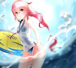 Rule 34 | 10s, 1girl, adapted costume, bad id, bad pixiv id, blurry, boruhis, blowing bubbles, chewing gum, cowboy shot, day, depth of field, hair ornament, highres, i-168 (kancolle), in water, kantai collection, long hair, looking at viewer, ponytail, red eyes, red hair, sailor collar, school swimsuit, school uniform, serafuku, sky, solo, surfboard, swimsuit, swimsuit under clothes, wading, wet, wet clothes