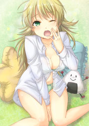 Rule 34 | 1girl, arm support, blonde hair, blush, bra, breasts, cleavage, courreges ace, dress shirt, face, frilled pillow, frills, green eyes, hoshii miki, idolmaster, idolmaster (classic), lingerie, medium breasts, navel, one eye closed, open mouth, panties, pillow, shiny skin, shirt, sitting, sleepy, solo, underwear, wariza, wince, yawning