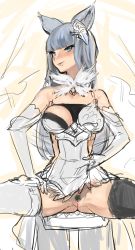 Rule 34 | 10s, 1girl, absurdres, animal ears, ass, bad id, bad twitter id, bare shoulders, black thighhighs, blue eyes, blue hair, blue thighhighs, blunt bangs, breasts, censored, elbow gloves, erune, female pubic hair, gloves, granblue fantasy, highres, korwa, long hair, looking at viewer, matching hair/eyes, mosaic censoring, pointless censoring, pubic hair, pussy, sitting, smile, solo, spread legs, suisogenshi, thighhighs