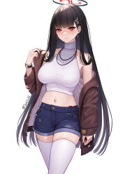 Rule 34 | 1girl, bare shoulders, black hair, blue archive, blush, breasts, closed mouth, cowboy shot, crop top, denim, denim shorts, earrings, hair ornament, hairclip, halo, jacket, jewelry, jurrig, large breasts, long hair, long sleeves, looking at viewer, midriff, navel, necklace, off shoulder, open clothes, open jacket, red eyes, rio (blue archive), shirt, short shorts, shorts, simple background, sleeveless, sleeveless shirt, solo, standing, thighhighs, very long hair, white background, white shirt