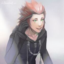 Rule 34 | 1boy, axel (kingdom hearts), black coat (kingdom hearts), black gloves, drawstring, driftwoodwolf, facial mark, gloves, green eyes, grey background, hood, hoodie, kingdom hearts, male focus, open mouth, red hair, simple background, solo, teeth, upper body, upper teeth only