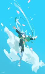 Rule 34 | 1girl, absurdres, ahoge, aqua eyes, aqua hair, aqua nails, aqua necktie, bare shoulders, black footwear, black skirt, black sleeves, blue sky, boots, cloud, detached sleeves, floating hair, flower, foot up, full body, grey shirt, grin, hair ornament, hatsune miku, headphones, highres, leaning forward, long hair, looking at viewer, makagi2, midair, miku day, necktie, outstretched arms, petals, pink flower, shirt, signature, skirt, sky, sleeveless, sleeveless shirt, smile, solo, spread arms, thigh boots, twintails, vocaloid