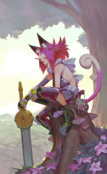 Rule 34 | 1girl, animal ear fluff, animal ears, commentary, gloves, highres, holding, holding sword, holding weapon, horns, looking at viewer, original, red hair, solo, sword, tail, timbougami, tree, weapon, yellow eyes