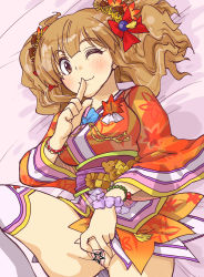 Rule 34 | 10s, 1girl, blush, breasts, brown eyes, brown hair, censored, clothes lift, dress, dress lift, finger to mouth, hair ornament, idolmaster, idolmaster cinderella girls, maebari, moroboshi kirari, one eye closed, peeking, presenting, pussy, seki (red shine), smile, solo, spread pussy, twintails, wink