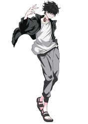 Rule 34 | 1boy, absurdres, black hair, black jacket, grey pants, hair over eyes, hand in pocket, hand up, highres, jacket, kamonohashi ron, kamonohashi ron no kindan suiri, male focus, neck tattoo, pants, sandals, shirt, simple background, smirk, solo, spill (naru), sweatpants, tattoo, toeless footwear, white background, white shirt