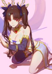 Rule 34 | 1girl, absurdres, armlet, bad id, bad pixiv id, bare shoulders, black hair, breasts, cleavage, crown, detached sleeves, earrings, fate/grand order, fate (series), hair ribbon, highres, hoop earrings, ishtar (fate), jewelry, kneeling, long hair, medium breasts, parted bangs, red cucumber, red eyes, ribbon, single thighhigh, solo, thighhighs, tohsaka rin, two side up