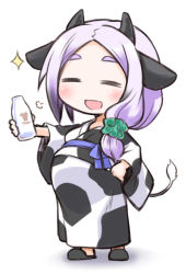 Rule 34 | 1girl, = =, animal ears, animal print, big belly, bottle, chibi, cow ears, cow girl, cow horns, cow print, cow tail, eyebrows, closed eyes, horns, japanese clothes, kimono, kugelschreiber, long hair, milk bottle, original, pregnant, purple hair, simple background, smile, solo, tail, thick eyebrows